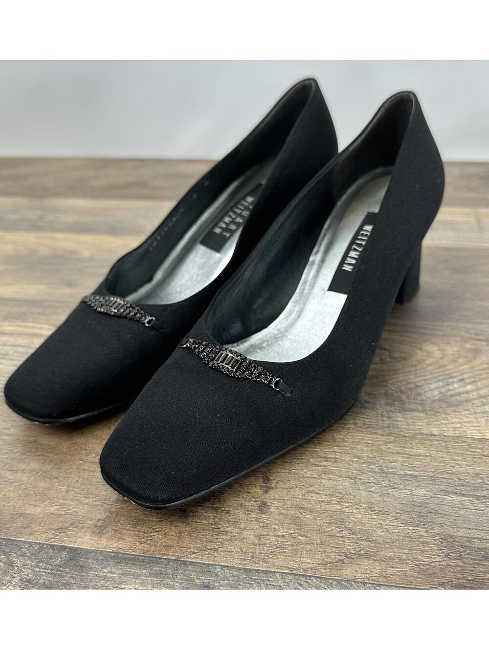 Stuart Weitzman Black Fabric Size 8B Square Toe Block Heels Rhinestone Accents